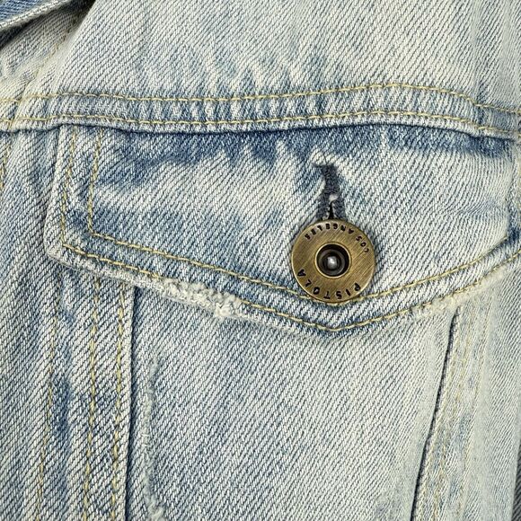 Pistola Cropped Denim Long Sleeve Jacket Raw Hem Size Medium Blue - Picture 14 of 16